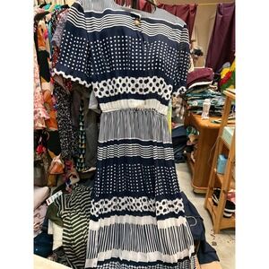 Lady Carol of New York Vintage Navy White Striped Polka Dot Pleated Midi Dress
